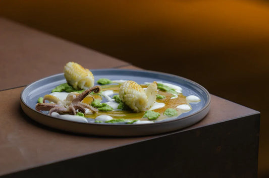 Calamari with Broccoli Cream, Yellow Velouté and Parmesan Fondue