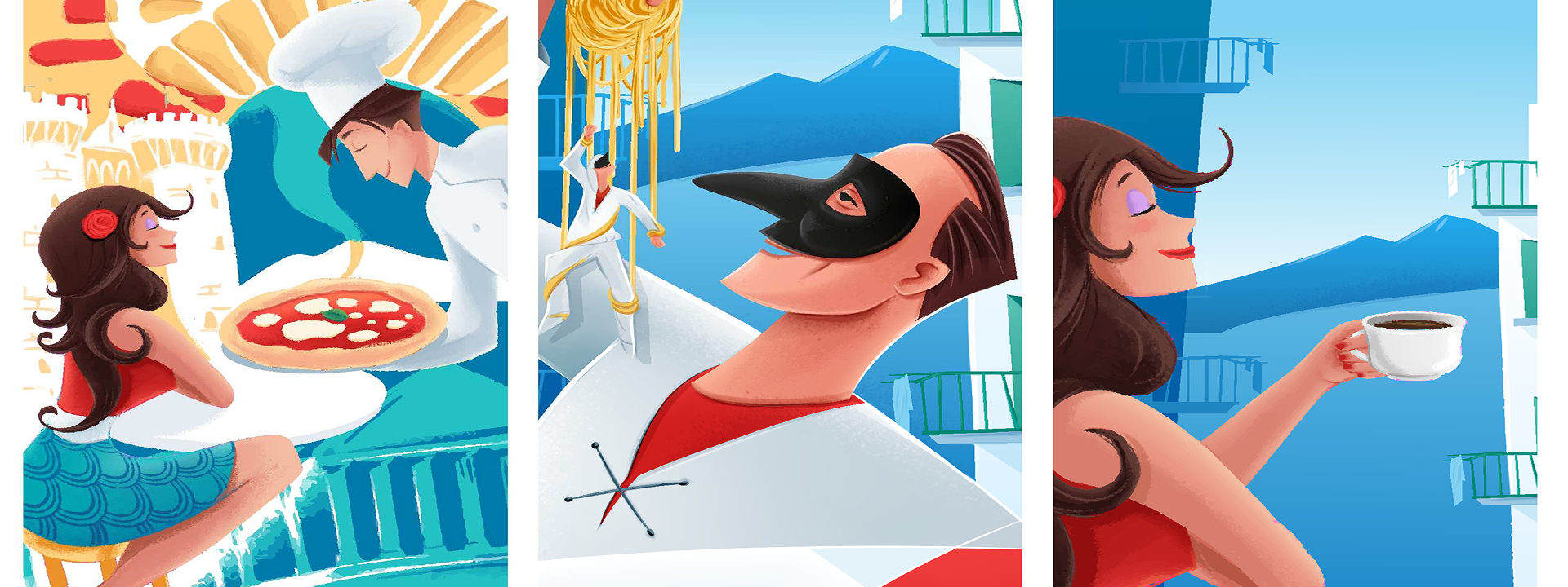 Three illustrated panels featuring people in a colorful, urban setting with a chef, a person with a mask, and a woman with a coffee cup.