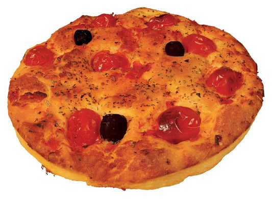 Focaccia of Altamura with fresh tomatoes and olives