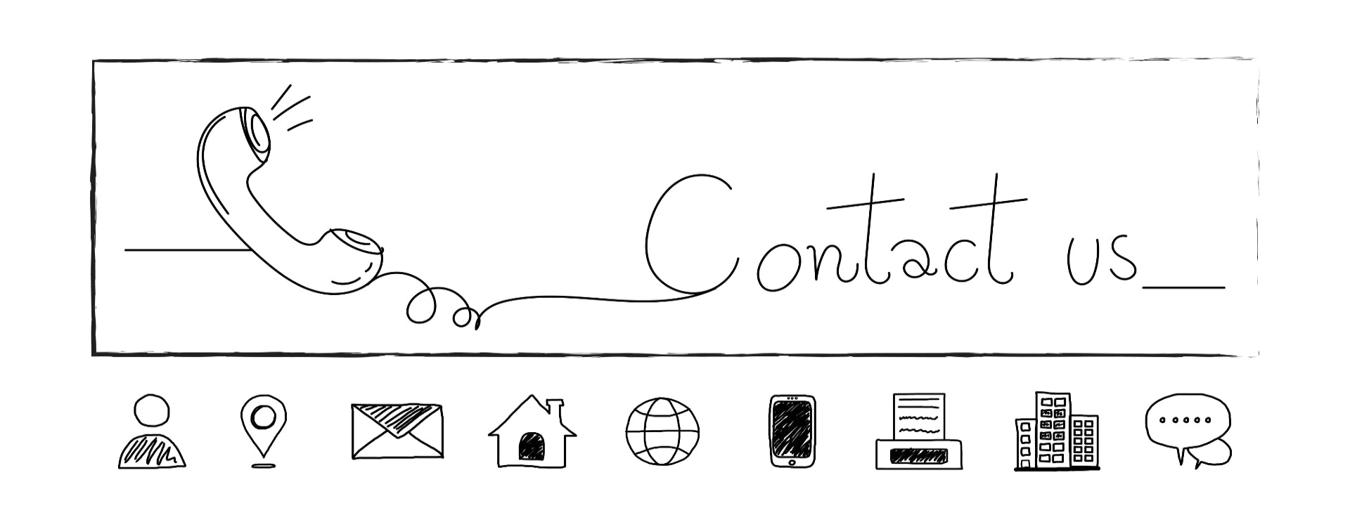 Contact us banner with phone icon and various contact symbols below on a white background