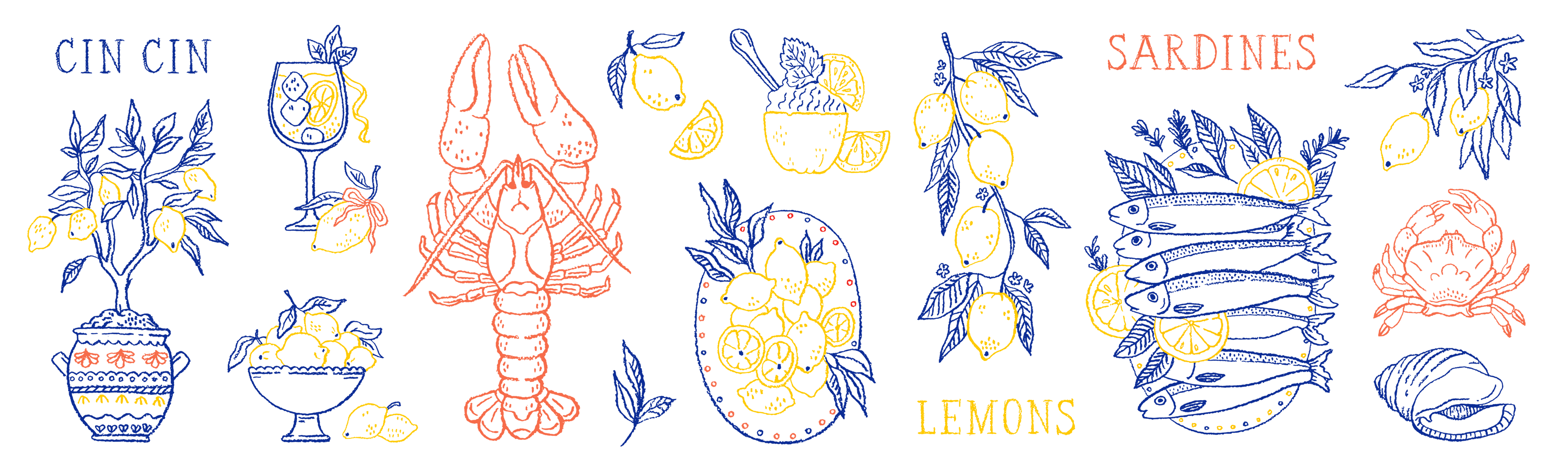 Collection of hand-drawn illustrations including a lobster, lemons, and sardines on a white background.
