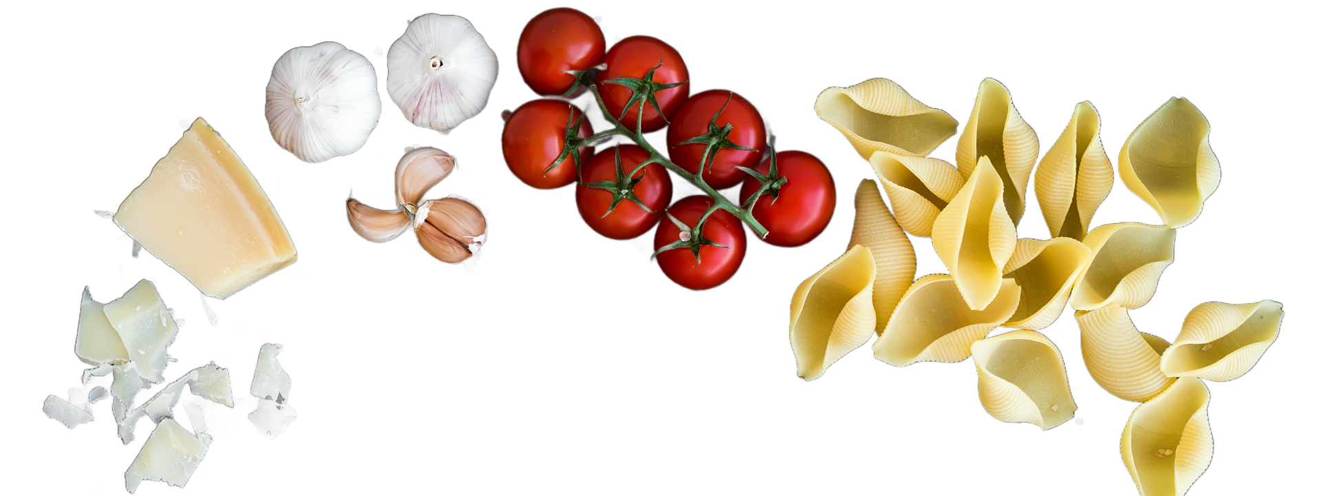 Pasta, tomatoes, garlic, and cheese on a white background