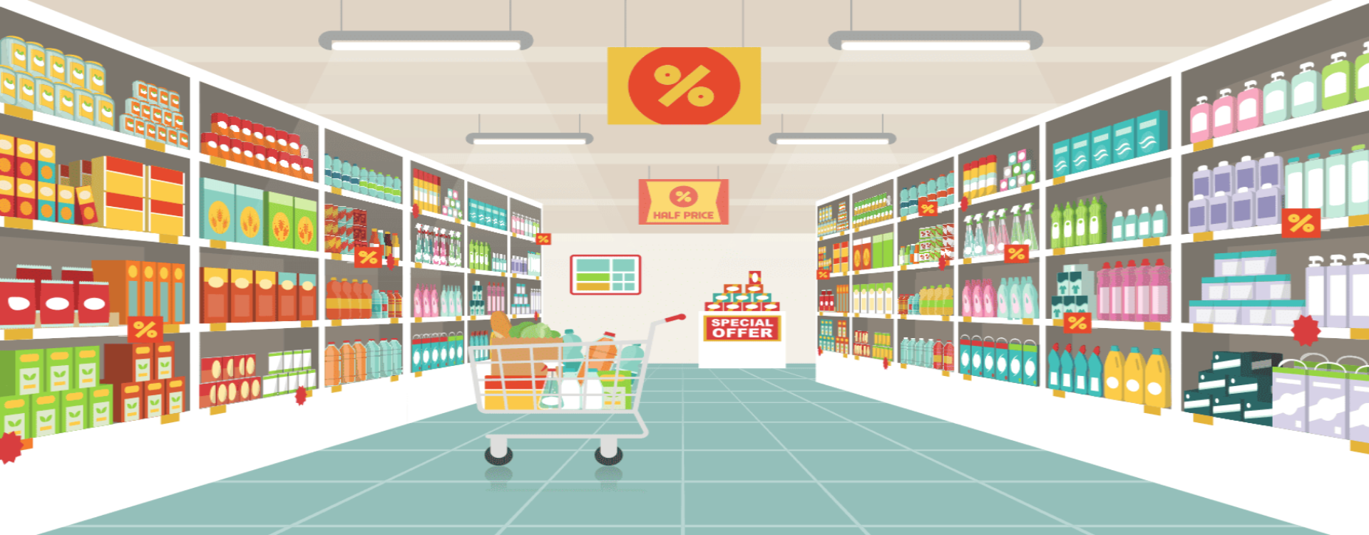 Illustration of a supermarket aisle with shelves stocked with products and promotional signs.